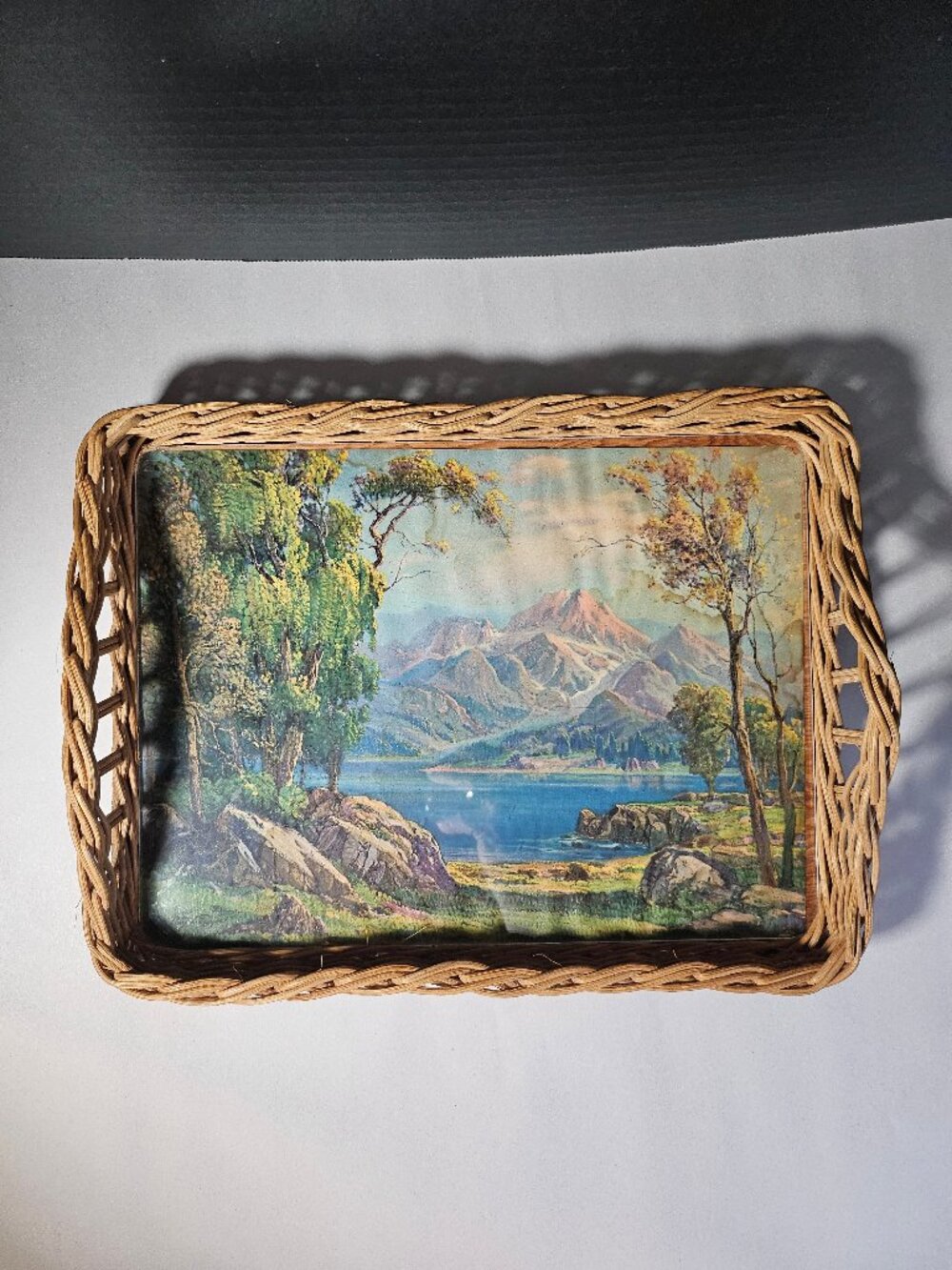 Rare Kitschy Wicker Serving Tray With Landscape Litho Print Artist Fred Grayson